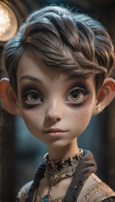 1girl,solo,looking at viewer,short hair,brown hair,brown eyes,jewelry,closed mouth,yellow eyes,upper body,braid,multicolored hair,earrings,choker,artist name,necklace,blurry,dark-skinned female,lips,eyelashes,makeup,depth of field,blurry background,piercing,gem,portrait,close-up,freckles,realistic,nose,mascara,watermark,web address