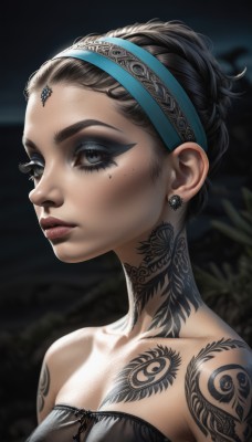 1girl,solo,breasts,looking at viewer,short hair,black hair,dress,cleavage,bare shoulders,jewelry,medium breasts,collarbone,upper body,hairband,earrings,outdoors,parted lips,mole,blurry,black eyes,black dress,lips,grey eyes,eyelashes,mole under eye,strapless,tattoo,makeup,blurry background,lipstick,portrait,eyeshadow,freckles,nose,shoulder tattoo,mascara,closed mouth,braid,small breasts,dark skin,from side,dark-skinned female,eyeliner