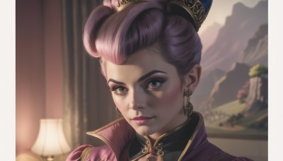 1girl,solo,looking at viewer,smile,short hair,blue eyes,hair ornament,jewelry,closed mouth,pink hair,purple hair,multicolored hair,earrings,artist name,signature,hair bun,blurry,two-tone hair,lips,eyelashes,makeup,blurry background,lipstick,gem,portrait,high collar,nose,lamp,indoors,single hair bun,curtains,eyeshadow,realistic,mascara,updo