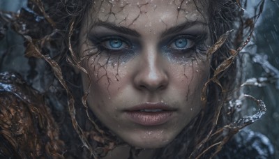 1girl,solo,looking at viewer,short hair,blue eyes,black hair,parted lips,teeth,lips,wet,eyelashes,portrait,close-up,freckles,rain,realistic,blurry,blurry background,nose,crack,cracked skin