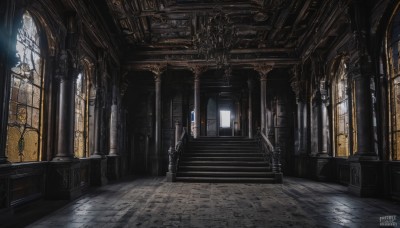 day,artist name,indoors,signature,dated,tree,no humans,window,watermark,sunlight,scenery,light rays,stairs,door,architecture,ruins,pillar,stained glass,church,arch,column,weapon,sword,fire,fantasy,tiles,candle,sunbeam,tile floor,statue,candlestand,chandelier