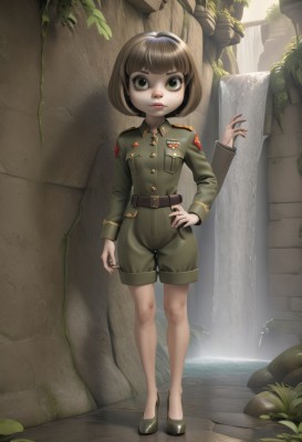 1girl,solo,looking at viewer,short hair,bangs,brown hair,long sleeves,closed mouth,green eyes,standing,full body,outdoors,parted lips,shoes,shorts,belt,artist name,blunt bangs,water,nail polish,black footwear,mole,uniform,lips,fingernails,hand on hip,military,mole under eye,military uniform,bob cut,ring,plant,black nails,buckle,pocket,black belt,rock,breast pocket,wall,ruins,green shorts,pillar,no socks,waterfall,moss,stone wall,jacket,cross,world war ii