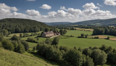 outdoors,sky,day,cloud,water,tree,blue sky,no humans,ocean,cloudy sky,grass,building,nature,scenery,forest,mountain,horizon,road,bush,field,house,landscape,path,hill