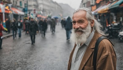 solo,looking at viewer,smile,shirt,1boy,jewelry,jacket,white shirt,upper body,white hair,male focus,outdoors,multiple boys,solo focus,collared shirt,necklace,bag,blurry,coat,depth of field,blurry background,facial hair,backpack,beard,meme,brown jacket,realistic,mustache,old,brown coat,old man,crowd,photo background,long hair,long sleeves,closed mouth,day,lips,grey eyes,scar,ground vehicle,building,motor vehicle,city,car,road,street,people