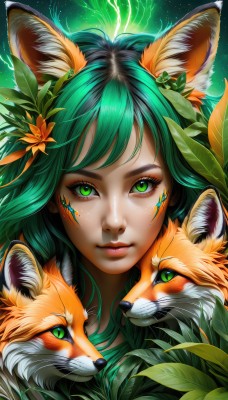 1girl,solo,long hair,looking at viewer,smile,bangs,hair ornament,animal ears,closed mouth,green eyes,flower,green hair,artist name,hair flower,lips,animal ear fluff,fox ears,eyelashes,makeup,glowing,animal,leaf,watermark,facial mark,plant,slit pupils,portrait,eyeshadow,freckles,nose,fox,mascara,multicolored hair