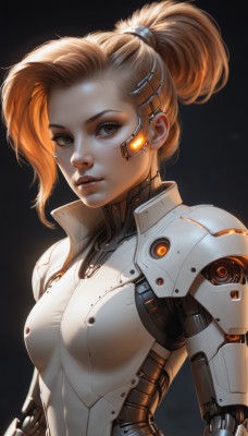 1girl,solo,breasts,looking at viewer,short hair,blonde hair,simple background,hair ornament,brown eyes,medium breasts,upper body,ponytail,small breasts,parted lips,hairclip,artist name,armor,lips,eyelashes,bodysuit,makeup,high ponytail,black background,freckles,short ponytail,nose,eyeliner,white bodysuit,cyborg,hair pulled back,long hair,brown hair,orange hair,mole,eyeshadow,backlighting,science fiction,realistic,dark background,cyberpunk