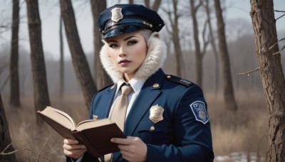 1girl,solo,looking at viewer,short hair,shirt,long sleeves,hat,holding,brown eyes,jacket,white shirt,upper body,outdoors,necktie,day,collared shirt,signature,blurry,uniform,tree,lips,coat,book,fur trim,blue jacket,nature,snow,blue headwear,forest,holding book,open book,realistic,reading,winter,police,police uniform,policewoman,police hat,white hair,parted lips,cosplay,blurry background