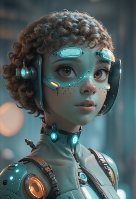 1girl,solo,looking at viewer,short hair,brown hair,brown eyes,upper body,parted lips,artist name,dark skin,blurry,dark-skinned female,lips,eyelashes,bodysuit,blurry background,headgear,watermark,goggles,portrait,zipper,freckles,science fiction,curly hair,realistic,nose,cyborg,teeth,headset,very dark skin,dreadlocks,earpiece