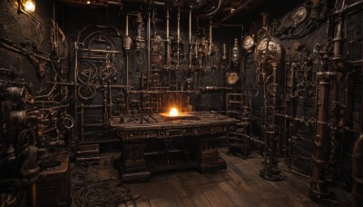 indoors,book,no humans,window,chair,table,scenery,wooden floor,clock,bookshelf,light,lamp,candle,dark,gears,steampunk,telescope,science fiction,industrial pipe