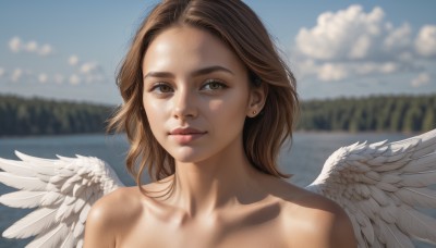 1girl,solo,looking at viewer,smile,short hair,brown hair,bare shoulders,brown eyes,jewelry,closed mouth,collarbone,upper body,nude,earrings,outdoors,wings,sky,day,cloud,medium hair,water,blurry,blue sky,lips,depth of field,blurry background,ocean,portrait,feathered wings,angel wings,realistic,nose,white wings,angel,stud earrings,tan