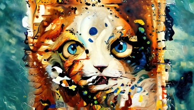 HQ,1girl,solo,looking at viewer,open mouth,blue eyes,artist name,signature,water,no humans,animal,cat,portrait,close-up,fish,whiskers,paint,abstract,teeth,watermark,web address,animal focus,surreal