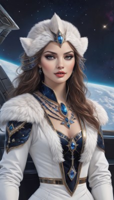 1girl,solo,long hair,breasts,looking at viewer,brown hair,long sleeves,hat,cleavage,brown eyes,jewelry,medium breasts,upper body,earrings,parted lips,sky,necklace,lips,coat,fur trim,makeup,gem,star (sky),starry sky,realistic,nose,white coat,red lips,space,planet,fur hat,earth (planet),dress,grey eyes,feathers,lipstick,eyeshadow