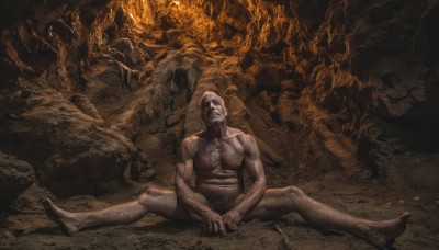 solo,1boy,navel,sitting,closed mouth,nipples,full body,male focus,nude,barefoot,spread legs,completely nude,muscular,pectorals,muscular male,realistic,dirty,statue,leg hair,cave,black hair,closed eyes,blood,abs,rock,fine art parody