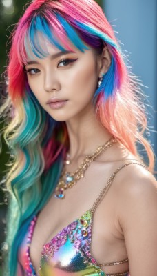 1girl,solo,long hair,breasts,looking at viewer,bangs,blue eyes,cleavage,bare shoulders,jewelry,medium breasts,closed mouth,blue hair,collarbone,swimsuit,upper body,pink hair,bikini,multicolored hair,earrings,small breasts,necklace,blurry,black eyes,two-tone hair,lips,eyelashes,makeup,depth of field,blurry background,watermark,gem,web address,multicolored clothes,pink lips,realistic,nose,colorful,multicolored bikini,rainbow hair,multicolored stripes,artist name,streaked hair,aqua hair,gradient hair,wavy hair,bikini top only