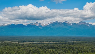 outdoors,sky,day,cloud,tree,blue sky,no humans,cloudy sky,grass,nature,scenery,forest,mountain,road,field,landscape,mountainous horizon,hill,signature