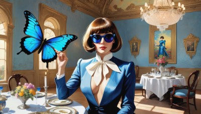 1girl,solo,breasts,looking at viewer,smile,short hair,bangs,large breasts,brown hair,long sleeves,dress,cleavage,medium breasts,sitting,upper body,flower,food,indoors,blunt bangs,cup,lips,window,no bra,makeup,blue dress,chair,formal,table,sunglasses,bob cut,suit,bug,lipstick,butterfly,pink flower,plate,teacup,cake,center opening,red lips,candle,tinted eyewear,vase,blue butterfly,painting (object),candlestand,chandelier,butterfly on hand,ribbon,closed mouth,jacket,day,hand up,mole,clothing cutout,mole under eye,shadow,rose,animal,sunlight,white flower,mole under mouth,facing viewer,drinking glass,reflection,blue flower,mirror,bouquet,yellow flower,nose,wine glass,picture frame,mascara,picture (object),tablecloth,mole above mouth,chalice