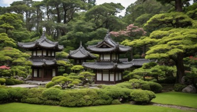 outdoors,sky,day,cloud,tree,no humans,grass,building,nature,scenery,forest,rock,road,bush,architecture,house,east asian architecture,shrine,path,stone lantern,stone,pond