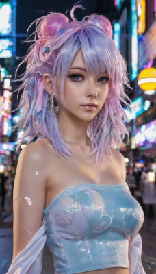 1girl,solo,long hair,breasts,looking at viewer,bangs,blue eyes,hair ornament,cleavage,bare shoulders,jewelry,medium breasts,blue hair,collarbone,upper body,pink hair,purple hair,multicolored hair,earrings,outdoors,midriff,artist name,medium hair,hair bun,blurry,two-tone hair,lips,crop top,grey eyes,strapless,double bun,depth of field,blurry background,piercing,animal print,realistic,nose,tube top,makeup,night,watermark,water drop