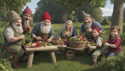 1girl,long hair,smile,open mouth,multiple girls,blonde hair,brown hair,shirt,hat,holding,2girls,twintails,sitting,white hair,boots,outdoors,food,multiple boys,sky,day,tree,fruit,facial hair,brown footwear,eating,table,grass,holding food,knife,child,nature,red headwear,beard,6+boys,mustache,apple,basket,overalls,old,holding fruit,old man,grapes,family,tomato,vegetable,closed eyes,:d,blue sky,forest,4boys,5boys