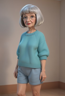 1girl,solo,breasts,looking at viewer,short hair,bangs,blue eyes,long sleeves,closed mouth,standing,grey hair,small breasts,glasses,shorts,indoors,sweater,lips,short shorts,feet out of frame,lipstick,freckles,blue shorts,wooden floor,realistic,nose,round eyewear,arms at sides,red lips,old,blue sweater,wrinkled skin,smile,shirt,parted lips,teeth,makeup,bob cut,ring,blue shirt