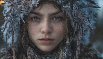 1girl,solo,long hair,looking at viewer,blue eyes,brown hair,hair ornament,closed mouth,blurry,lips,eyelashes,depth of field,blurry background,portrait,close-up,realistic,nose,feathers,freckles