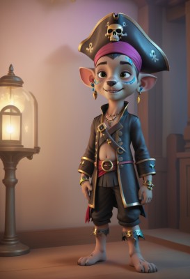 solo,smile,black hair,1boy,hat,navel,brown eyes,jewelry,green eyes,standing,full body,male focus,earrings,barefoot,teeth,pointy ears,belt,pants,indoors,necklace,bracelet,coat,facial mark,ring,furry,lantern,anklet,lamp,furry male,male child,pirate hat,pirate,animal ears,jacket,open clothes,artist name,black headwear,fangs,mouse ears