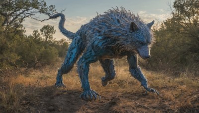 solo,tail,outdoors,sky,day,cloud,tree,no humans,cloudy sky,grass,nature,scenery,claws,forest,monster,realistic,wolf,dinosaur,blue sky,animal,running