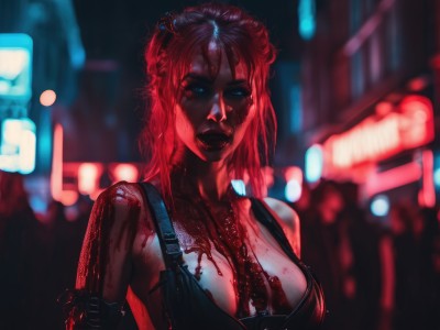 1girl,solo,long hair,breasts,looking at viewer,blue eyes,large breasts,cleavage,upper body,pink hair,red hair,blurry,lips,blood,makeup,blurry background,lipstick,blood on face,realistic,nose,blood on clothes,blood splatter,cyberpunk,neon lights,medium breasts,outdoors,torn clothes,depth of field,suspenders,messy hair,overalls,mechanical arms,cyborg,dirty,black lips