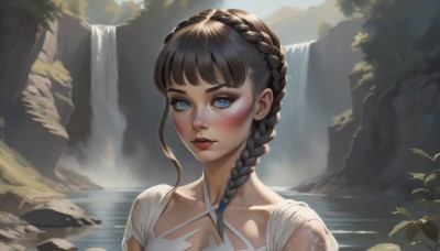 1girl,solo,long hair,looking at viewer,blush,bangs,blue eyes,brown hair,closed mouth,collarbone,upper body,braid,outdoors,parted lips,day,artist name,water,white dress,lips,eyelashes,single braid,makeup,halterneck,lipstick,portrait,nature,hair over shoulder,side braid,rock,nose,red lips,river,waterfall,mascara,black hair,dress,blunt bangs,sunlight,scenery,backlighting,realistic,criss-cross halter,crown braid