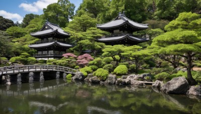 outdoors,sky,day,cloud,water,tree,blue sky,no humans,grass,building,nature,scenery,forest,reflection,rock,architecture,bridge,east asian architecture,river,shrine,pond,landscape,reflective water