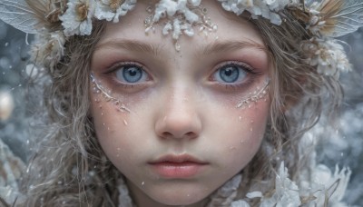 1girl,solo,long hair,looking at viewer,blue eyes,blonde hair,hair ornament,closed mouth,flower,parted lips,hair flower,blurry,lips,eyelashes,feathers,portrait,snow,close-up,snowing,realistic,nose,head wreath,eye focus,brown hair,freckles