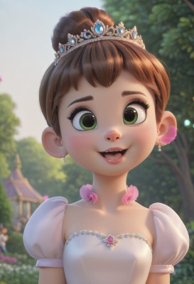 1girl,solo,looking at viewer,blush,smile,short hair,open mouth,bangs,brown hair,dress,jewelry,green eyes,collarbone,upper body,flower,short sleeves,:d,earrings,outdoors,sky,teeth,day,puffy sleeves,artist name,necklace,hair bun,white dress,blurry,flat chest,tree,puffy short sleeves,lips,eyelashes,depth of field,blurry background,upper teeth only,happy,single hair bun,tiara,crown,gem,child,pink flower,freckles,female child,princess,heart,castle