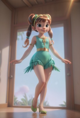 1girl,solo,long hair,breasts,looking at viewer,blush,smile,bangs,brown hair,hair ornament,dress,bare shoulders,twintails,brown eyes,closed mouth,standing,full body,hairband,small breasts,shoes,sleeveless,indoors,hair bun,blurry,black eyes,flat chest,lips,bare legs,double bun,sleeveless dress,blurry background,short dress,standing on one leg,armlet,reflection,walking,green dress,wooden floor,door,female child,sliding doors,green shorts,green footwear,open door,doorway,jewelry,necklace,child