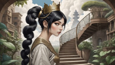 1girl,solo,long hair,looking at viewer,black hair,dress,jewelry,upper body,ponytail,braid,earrings,outdoors,parted lips,sky,day,cloud,black eyes,from side,tree,blue sky,lips,grey eyes,single braid,leaf,cloudy sky,crown,plant,building,scenery,braided ponytail,stairs,potted plant,architecture,pillar,arch,blush,profile,realistic