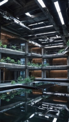 outdoors,day,blurry,tree,no humans,window,sunlight,plant,building,scenery,stairs,railing,bridge,train station,railroad tracks,indoors,chair,overgrown