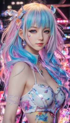 1girl,solo,long hair,breasts,looking at viewer,bangs,hair ornament,cleavage,bare shoulders,jewelry,medium breasts,closed mouth,underwear,blue hair,upper body,pink hair,multicolored hair,earrings,parted lips,choker,blunt bangs,necklace,bra,mole,blurry,black eyes,two-tone hair,lips,streaked hair,grey eyes,eyelashes,tattoo,gradient hair,makeup,blurry background,facial mark,bug,gem,butterfly,armlet,eyeshadow,white bra,realistic,nose,butterfly hair ornament,red lips,bustier,blue eyes,small breasts,artist name,watermark,feathers