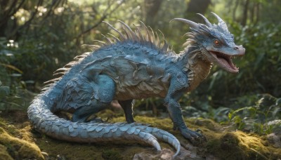 solo,open mouth,red eyes,tail,full body,yellow eyes,outdoors,horns,teeth,day,blurry,from side,tree,orange eyes,no humans,blurry background,fangs,grass,sharp teeth,nature,claws,forest,monster,rock,realistic,dragon,scales,dinosaur