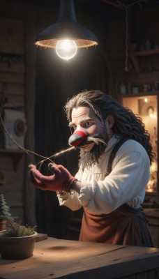 solo,long hair,shirt,black hair,gloves,long sleeves,1boy,white shirt,male focus,indoors,blurry,black eyes,apron,cup,night,facial hair,table,suspenders,plant,beard,alcohol,red gloves,mustache,potted plant,lamp,old,old man,pouring,light bulb,counter,looking at viewer,blue eyes,brown hair,closed mouth,standing,upper body,collared shirt,from side,depth of field,blurry background,wavy hair,realistic,nose,light,what,red apron