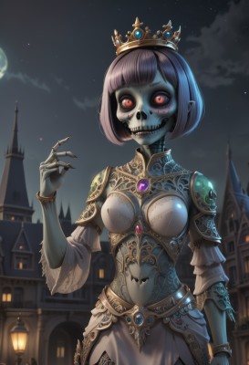 1girl,solo,breasts,looking at viewer,short hair,bangs,skirt,red eyes,dress,navel,jewelry,medium breasts,standing,pink hair,purple hair,cowboy shot,outdoors,detached sleeves,sky,teeth,cloud,hand up,signature,blunt bangs,armor,bracelet,fingernails,makeup,night,glowing,colored skin,moon,bob cut,ring,tiara,crown,building,gem,star (sky),night sky,starry sky,colored sclera,skull,fantasy,sharp fingernails,green skin,grey skin,lamppost,castle,zombie,tower,town,undead,black hair,thighhighs,pointy ears,watermark,shoulder armor,gauntlets,glowing eyes,pelvic curtain,full moon,blue skin,joints,skeleton