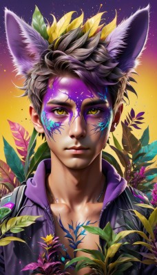 solo,looking at viewer,short hair,black hair,1boy,animal ears,closed mouth,collarbone,jacket,yellow eyes,upper body,flower,male focus,open clothes,cat ears,lips,fox ears,eyelashes,tattoo,leaf,facial mark,plant,portrait,extra ears,facepaint,hood,glowing,wolf ears,bodypaint,paint splatter,paint