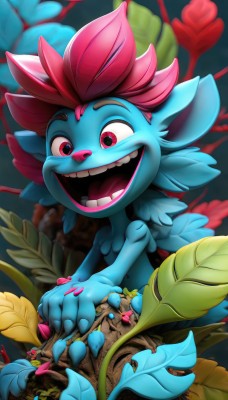 solo,smile,open mouth,red eyes,flower,:d,teeth,artist name,pink eyes,blurry,pokemon (creature),no humans,leaf,happy,plant,1girl,red hair,blurry background,colored skin,spiked hair,blue skin,basket