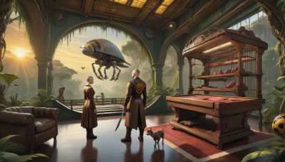 1girl,short hair,long sleeves,1boy,dress,holding,standing,weapon,white hair,boots,multiple boys,sword,2boys,black dress,tree,coat,bird,animal,sunlight,cat,bug,plant,robot,scenery,science fiction,sunset,stairs,aircraft,fantasy,sun,clock,steampunk,airship,cloud,indoors,holding weapon,book,holding sword,table,katana,couch