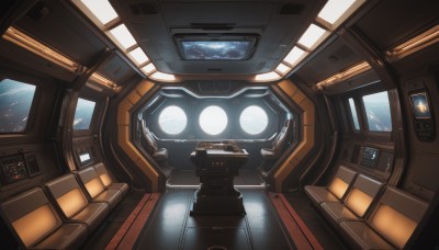 water,no humans,window,robot,scenery,reflection,science fiction,space,spacecraft,cockpit,seat,indoors,helmet,mecha,machinery,realistic,cable,monitor,planet,earth (planet),spacesuit,screen