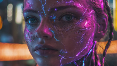 1girl, solo, blue eyes, pink hair, parted lips, blurry, lips, blurry background, portrait, close-up, science fiction, realistic, nose, electricity, cyberpunk