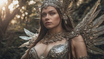 1girl,solo,long hair,breasts,looking at viewer,blue eyes,large breasts,brown hair,hair ornament,cleavage,jewelry,medium breasts,closed mouth,upper body,outdoors,wings,artist name,armor,blurry,tree,lips,blurry background,headgear,scar,feathers,nature,realistic,nose,headdress