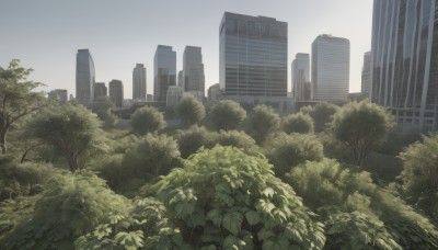 outdoors,sky,day,cloud,tree,no humans,plant,building,scenery,city,cityscape,skyscraper,grey sky,blue sky,sunlight,bush