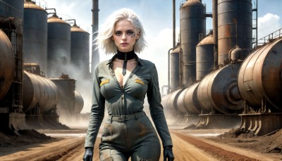 HQ,1girl,solo,breasts,looking at viewer,short hair,blue eyes,blonde hair,large breasts,gloves,cleavage,medium breasts,collarbone,white hair,cowboy shot,outdoors,sky,choker,day,black gloves,belt,cloud,uniform,blue sky,lips,torn clothes,military,bodysuit,military uniform,makeup,facial mark,wind,between breasts,realistic,aircraft,nose,arms at sides,military vehicle,facepaint,tank,facial tattoo,dirty,desert,dirty face,dust,dirty clothes,jewelry,standing,pants,collar,smoke