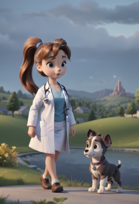 1girl,solo,long hair,smile,skirt,brown hair,shirt,brown eyes,full body,ponytail,outdoors,sky,shoes,socks,cloud,water,blurry,collar,tree,grey eyes,blurry background,animal,brown footwear,white skirt,grass,blue shirt,child,walking,dog,leash,labcoat,female child,stethoscope,doctor,open mouth,blue eyes,long sleeves,standing,flower,parted lips,artist name,signature,lips,depth of field,thick eyebrows,white socks,nose,path