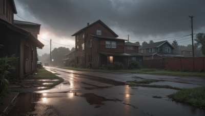 outdoors,sky,cloud,water,tree,no humans,window,cloudy sky,grass,plant,building,scenery,reflection,rain,door,road,bush,house,power lines,lamppost,street,utility pole,puddle,sunlight,ground vehicle,motor vehicle,fence,car