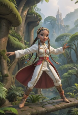 1girl,solo,long hair,breasts,looking at viewer,smile,brown hair,black hair,hair ornament,long sleeves,brown eyes,jewelry,closed mouth,standing,full body,braid,hairband,small breasts,boots,outdoors,sky,day,pants,cloud,signature,dark skin,wide sleeves,water,twin braids,dark-skinned female,tree,lips,sash,makeup,leaf,brown footwear,grass,outstretched arms,plant,lipstick,building,nature,scenery,forehead,forest,legs apart,white pants,fantasy,red lips,castle,tower,multiple braids,twintails,parted lips,necklace,facial mark